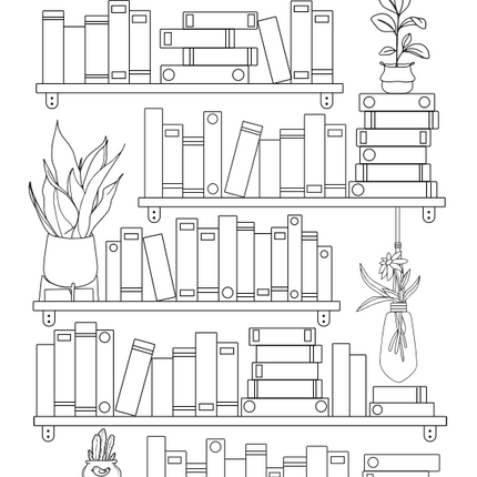 Bookshelf Coloring Pages Bundle – Printable Book Tracker (5 Unique Designs, PDF Download)