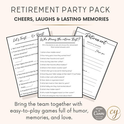 Retirement Party Game Pack – Printable PDF with Fun Icebreakers, Trivia & Toasts