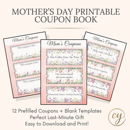 Elegant Mother’s Day Coupon Book Printable | 12 Prefilled + 6 Blank Coupons