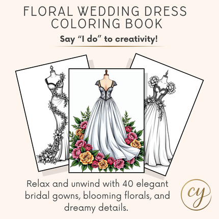 Floral Wedding Dress Coloring Book – 40 Page Printable PDF