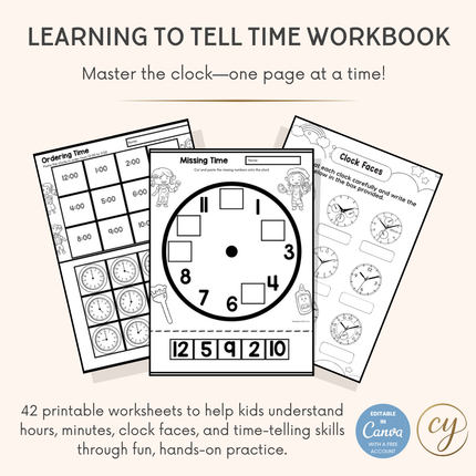 Time Learning Workbook for Kids – 42-Page Canva Template for Telling Time Practice