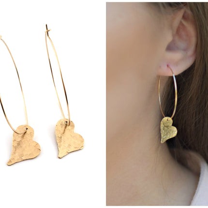 Sweetheart Earrings - Hammered Heart Hoop Earrings - Handmade Hoops