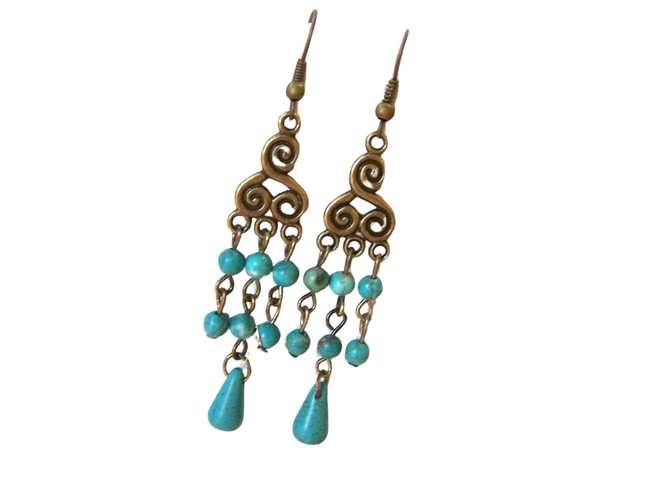Turquoise and Antiqued Brass Dangle Earrings – Handcrafted, 2.5 Inch