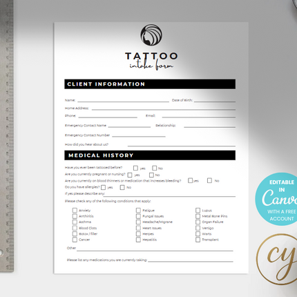 Tattoo Intake & Liability Release Form – Customizable Canva Template (Instant Download)