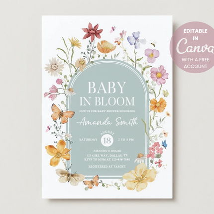 Baby in Bloom Baby Shower Invitation – Editable Canva Template (Floral Design)