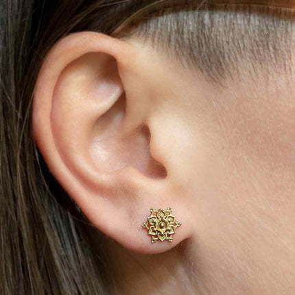Bronze Lotus Mandala Stud Earrings – Petite 10x10mm, Sterling Silver Posts, Handmade