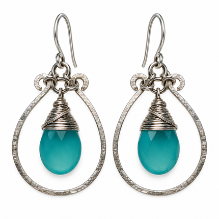 Blue Chalcedony & Hammered Sterling Silver Hoop Earrings