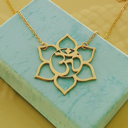 Gold Lotus Om Necklace – 14k Gold Filled, Dainty Yoga Jewelry, 17" Handmade Necklace