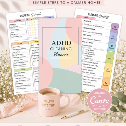 ADHD Cleaning Planner | 50 Pages Printable and Editable in Canva