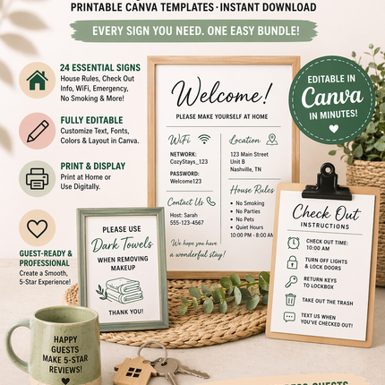 24 Airbnb Essential Signs Bundle – Canva Template | Editable Instant Download