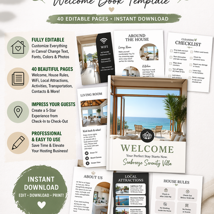 Editable Airbnb Welcome Booklet Template – 40 Pages of Customizable Guest Essentials