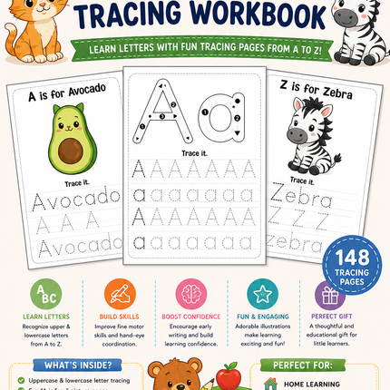 Alphabet Tracing Workbook for Kids – 148 Pages | Instant PDF Download