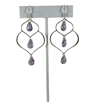Amethyst Trio Drop Wire Wrapped Sterling Silver Earrings