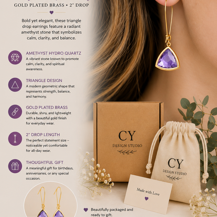 Amethyst Hydro Quartz Triangle Drop Earrings