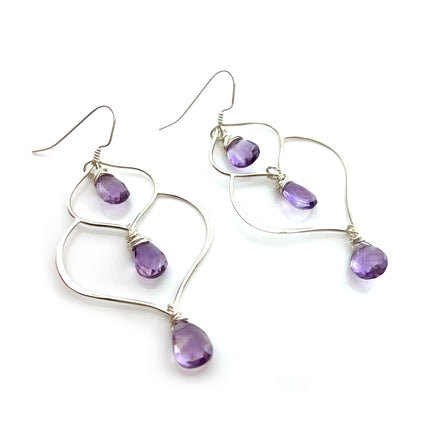 Amethyst Trio Drop Wire Wrapped Sterling Silver Earrings