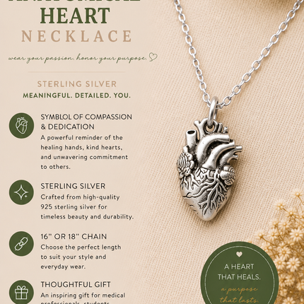 Sterling Silver Anatomical Heart Necklace – Realistic Heart Charm for Medical Professionals & Students