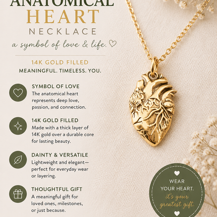 Anatomical Heart Charm 14k Gold Filled Necklace