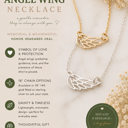 Sideways Angel Wing Memorial Necklace – 18" Gold Filled or Sterling Silver