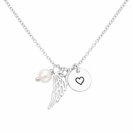 Angel Wing Necklace With Pearl & Heart Disc