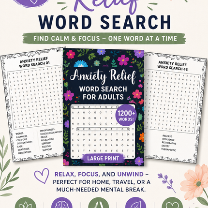 Anxiety Relief Word Search for Adults – Large Print & 1200 Words