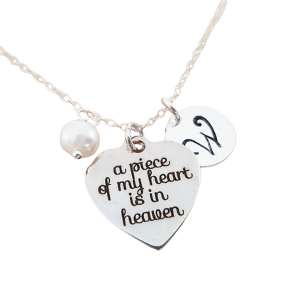 Personalized Memorial Necklace – 'A Piece of My Heart is in Heaven' Charm with Swarovski Birthstone & Initial | Sterling Silver Gift for Her