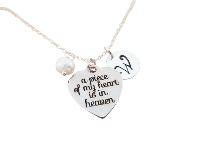 Personalized Memorial Necklace – 'A Piece of My Heart is in Heaven' Charm with Swarovski Birthstone & Initial | Sterling Silver Gift for Her