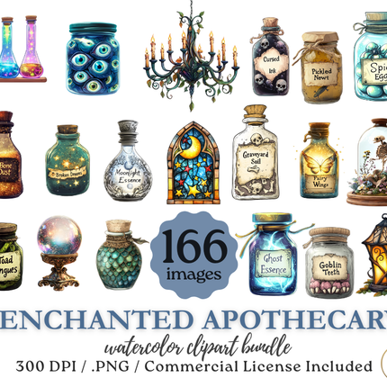 Enchanted Apothecary Watercolor Clipart Bundle – 166 PNGs, 300 DPI, Commercial License