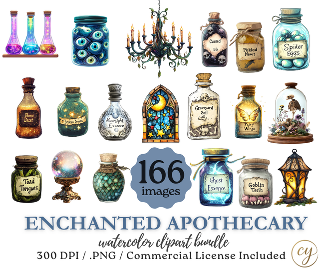 Enchanted Apothecary Watercolor Clipart Bundle – 166 PNGs, 300 DPI, Commercial License
