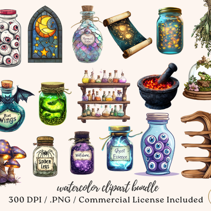 Enchanted Apothecary Watercolor Clipart Bundle – 166 PNGs, 300 DPI, Commercial License