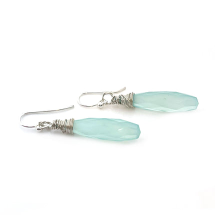 Aqua Chalcedony Long Briolette Wire Wrapped Earrings