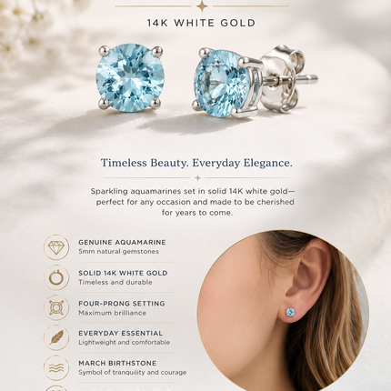 5mm Natural Aquamarine Stud Earrings in 14K White Gold
