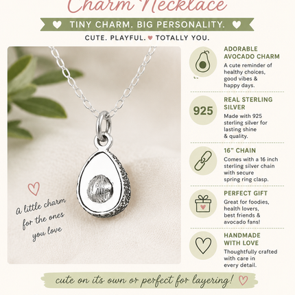 Sterling Silver Avocado Charm Necklace – Tiny Food Jewelry, Handmade Gift