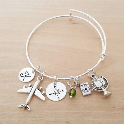 World Traveler Charm Bracelet – Adjustable Bangle with Personalized Initial & Birthstone