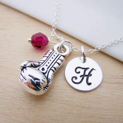 Personalized Boxing Glove Necklace – Sterling Silver Charm with Birthstone & Initial