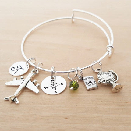 World Traveler Charm Bracelet – Adjustable Bangle with Personalized Initial & Birthstone