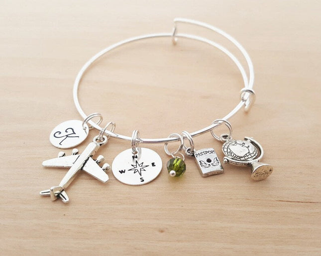 World Traveler Charm Bracelet – Adjustable Bangle with Personalized Initial & Birthstone