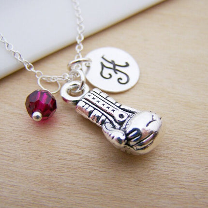 Personalized Boxing Glove Necklace – Sterling Silver Charm with Birthstone & Initial