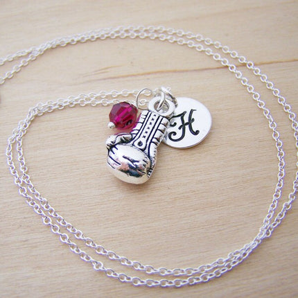 Personalized Boxing Glove Necklace – Sterling Silver Charm with Birthstone & Initial