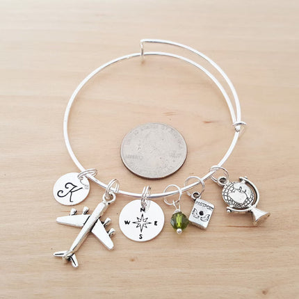 World Traveler Charm Bracelet – Adjustable Bangle with Personalized Initial & Birthstone