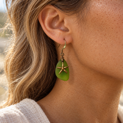 Green Sea Glass & Brass Starfish Earrings