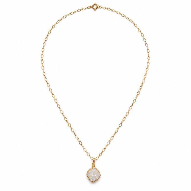 One white druzy gemstone necklace with a square pendant on a gold metal chain, shown against a white background.