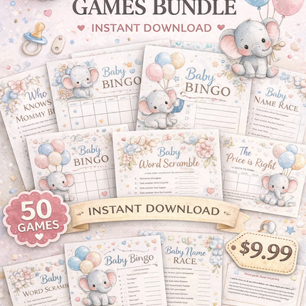 50 Baby Shower Games Printable Bundle – Little Elephant Theme