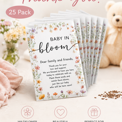 25 Pack Wildflower Seed Baby Shower Favors – Baby in Bloom Packets – Eco Friendly Party Favors