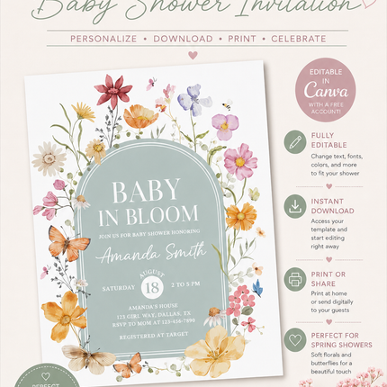 Baby in Bloom Baby Shower Invitation – Editable Canva Template (Floral Design)