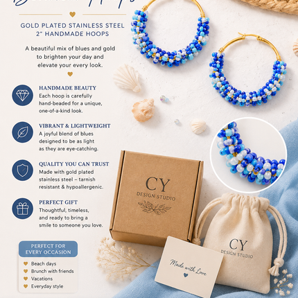 OOAK Blue Beaded Hoop Earrings – Gold Plated Stainless Steel, 2" Handmade Hoops