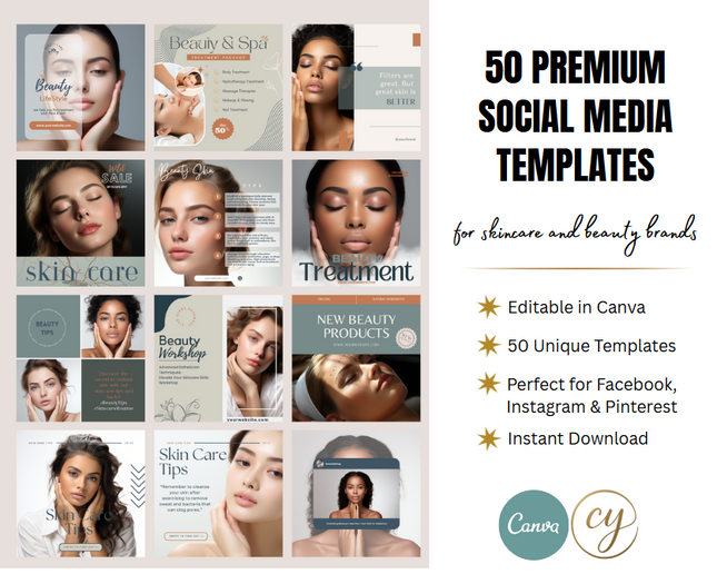 50 Premium Canva Social Media Templates – Skincare & Beauty Brand Kit