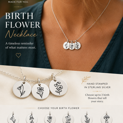 Birth Flower Necklace | Hand Stamped | Sterling Silver