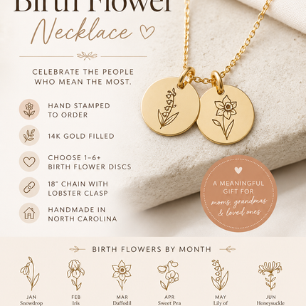Birth Flower Necklace | Hand Stamped | 14K Gold Filled