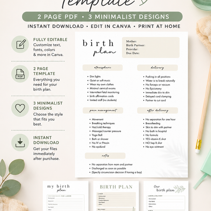 Editable Canva Birth Plan Template – 2 Page PDF in 3 Minimalist Designs (Instant Download)