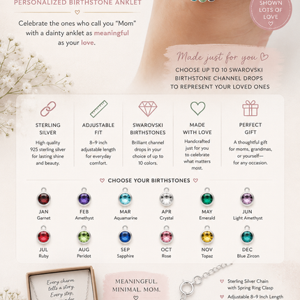 Custom Swarovski Birthstone Anklet – Adjustable Chain in Sterling Silver